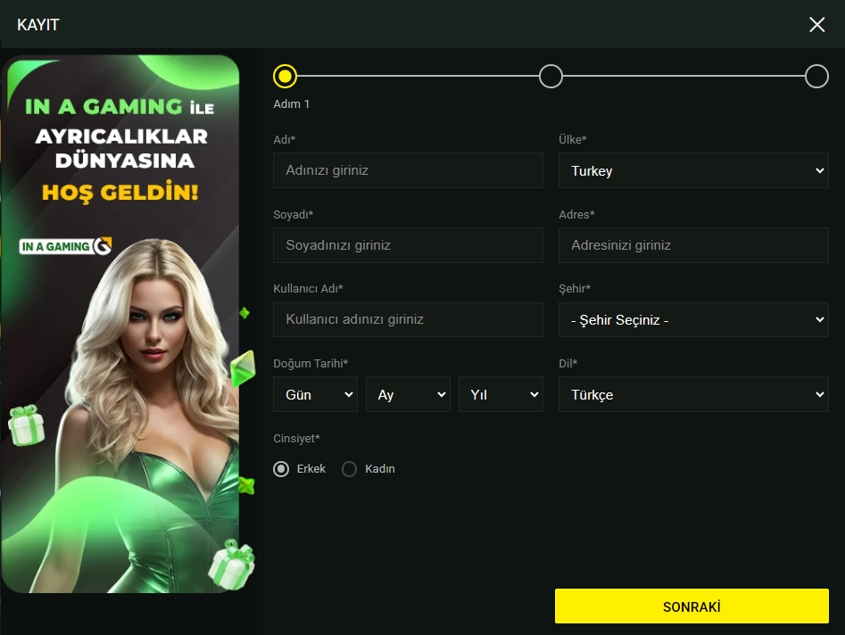 inagaming üyelik ve kayıt ekranı